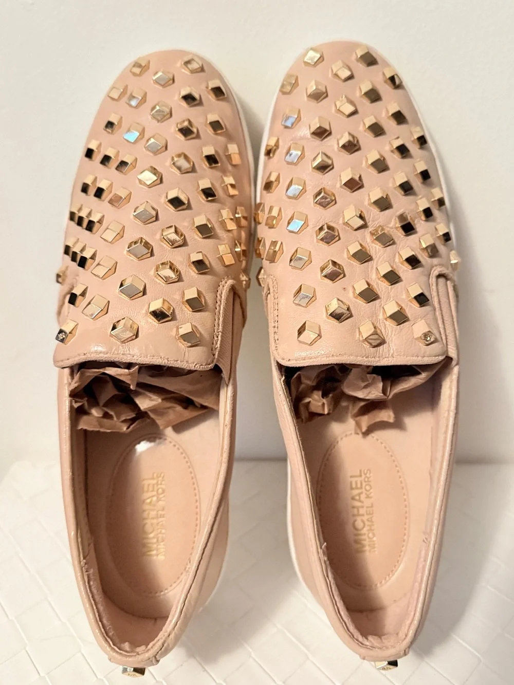 MICHAEL Michael Kors Keaton Studded Leather Slip On Sneakers Blush Pink Gold 9M